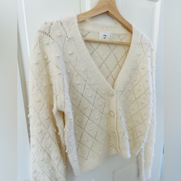 LUNA IVY Diamond Pattern Cardigan Sweater Pearls Beaded Fuzzy Coquette Size M - Picture 2 of 11